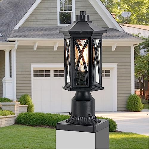Hopejoy Outdoor Post Light Fixture, Anti-Rust Aluminum Lamp Post Light Fixture With Pier Mount Base, Sanded Black Finish With Clear Seeded Glass, Post Lantern For Garden Patio Porch (Black,1 Pack) #TOP26