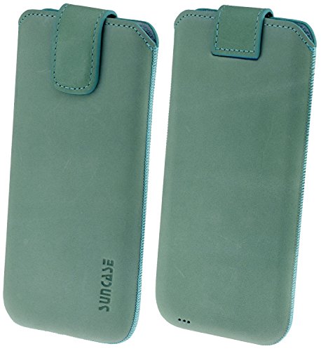 Suncase Étui en cuir véritable pour Wiko View 2 Plus avec languette d'extraction (Turquoise)