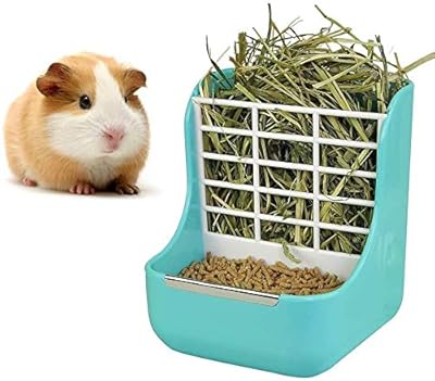 Hay Feeder, 2 in 1 Food and Hay Feeder Rack for Rabbit, Guinea Pig and Other Small Animals (Blue)