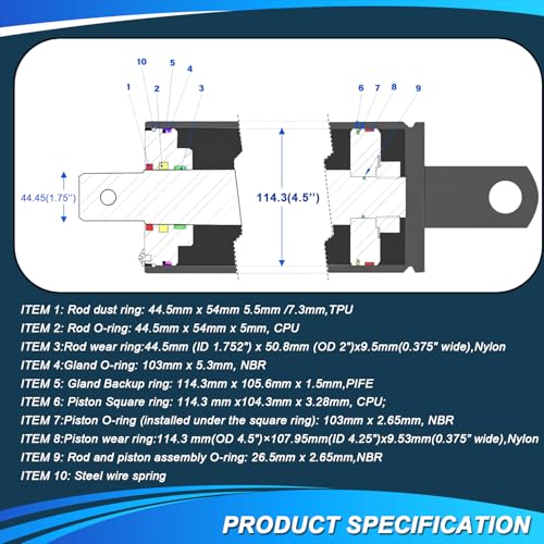 Image of Hydraulic Log Splitter Cylinder Rebuild Seal Kit Suitable for 4.5 inch Bore x 1.75 inch Rod Cylinder