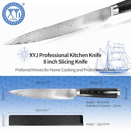 Image of XYJ 8 Inch Damascus Steel Slicing Knife, Professional Kitchen Knife with Patterned Blade, Sharp & Durable Carving Knife for Meat Cutting