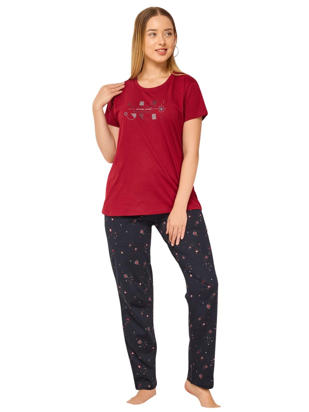 quira Women's Printed Regular Fit T-Shirt & Pyjama Set - Round Neck, Half Sleeves, Stylish & Cozy Cotton Hosiery Loungewear-picture-3