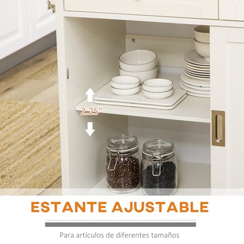 HOMCOM Carrito de Cocina Isla de Cocina Multifuncional con 4 Ruedas 2 Puertas Correderas 2 Cajones Estantes Ajustables y Barra de Colgar para Comedor Sala 110x49,5x89,5 cm Crema - imagen 5