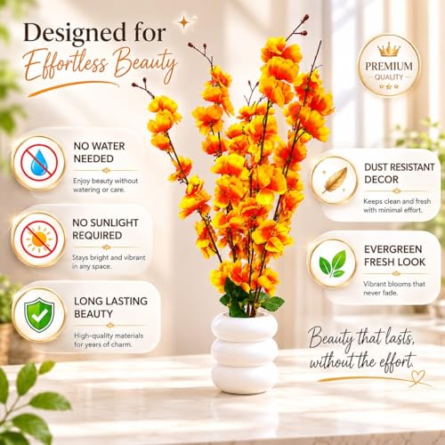 Image of Artificial Yellow Cherry Blossom Flower Plant with White Ceramic Pot | Realistic Faux Floral Arrangement for Home Decor, Living Room, Bedroom, Office Desk
