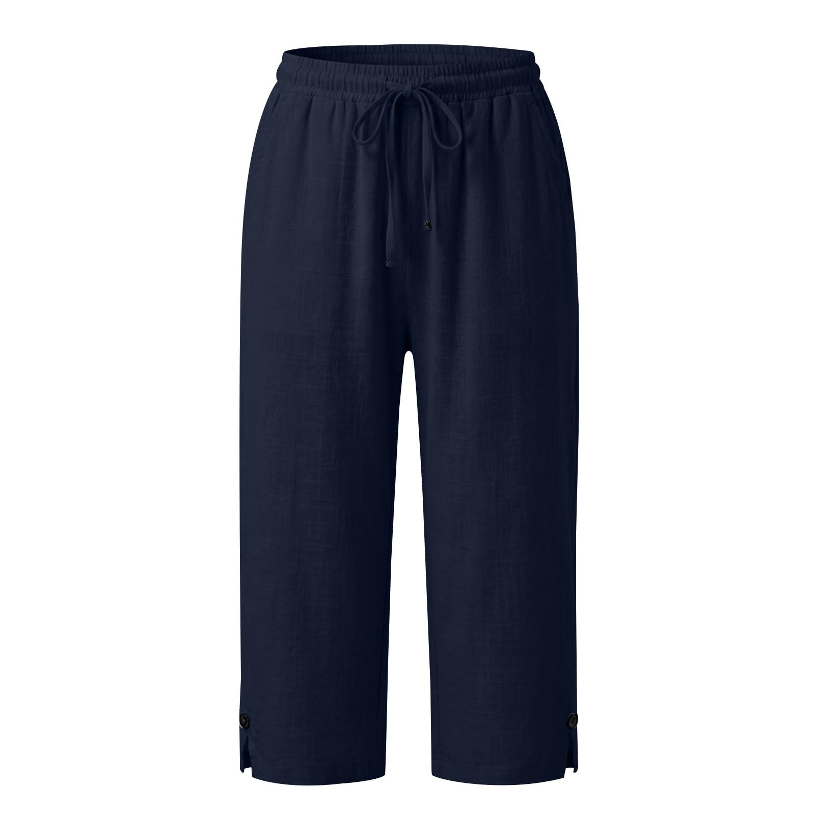 Pantacourt Femme Été Pantalon 3/4 en Coton et Lin Pantalon de Jogging Léger avec Poches Taille Élastique avec Cordon Bouton à la Cheville Pantalon de Sport Décontracté pour Yoga Randonnée - 5