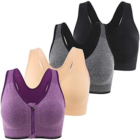 INIBUDWomen's Sports Bra Post-Surgery Bra Zip Bra Zipper Front Wirefree Removable Pads Yoga Bra Zip Sports Bra