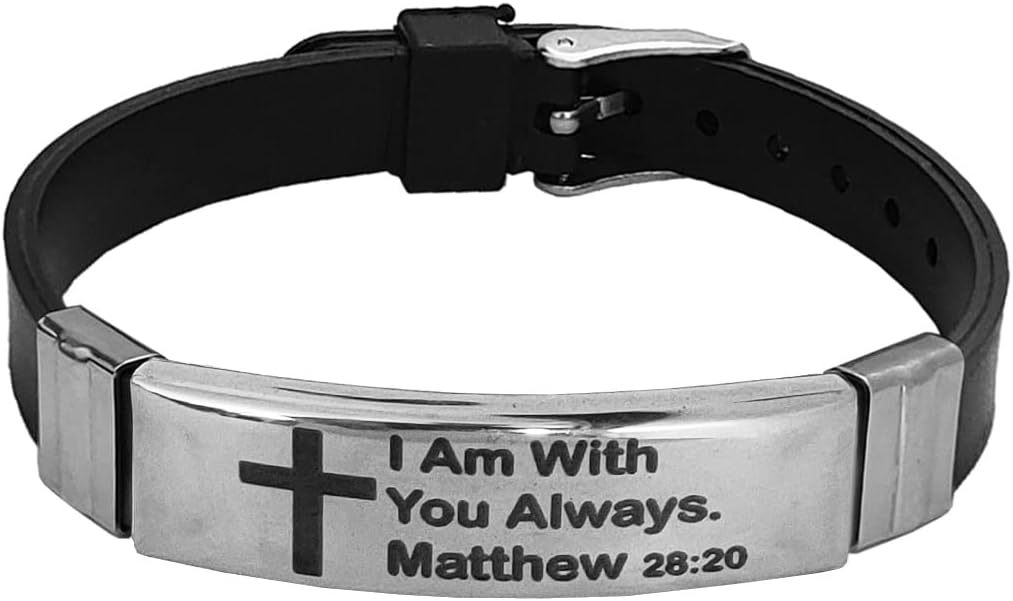 M Men Style Crusifix Cross The Lord Is My Shepiieerd (psalm 23) Silver And Black Stainlees Steel And Selecone Bracelet For Men And women