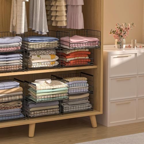 NATTY NING【スライド引き出し式 収納バスケット】大容量25.6L×2個組 折り畳み式 積み重ね可能 鉄製 メッシュ可視化 簡単組立 押入れ クローゼット収納 ワンタッチ引き出し ブラック (41×30.5×20.5cm)