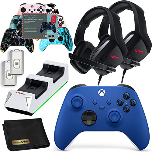 Microsoft Xbox Controller (Shock Blue) for Sequence X, Sequence S, Xbox One, Bundled with 2 Over-ear Gaming Headsets with Mic, Twin Port Charging Dock, Xbox Controller Pores and skin Voucher & PremGear Material