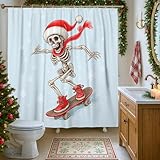 Skelett-Duschvorhang, weihnachtliches verspieltes Skateboard, Weihnachtsmannmütze, Weihnachten, Rot, Polyester, wasserdicht, Klauenfußwanne, Duschvorhänge für Badezimmer, Badewanne, Wohnung