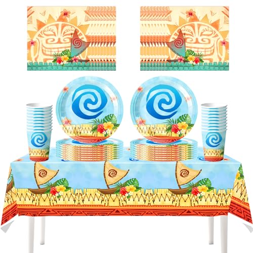 61 peças Conjunto de louça para festas com tema de «Moana», ideal para festas havaianas; inclui copos, guardanapos, pratos, toalhas de mesa e artigos para festas de aniversário de Moana