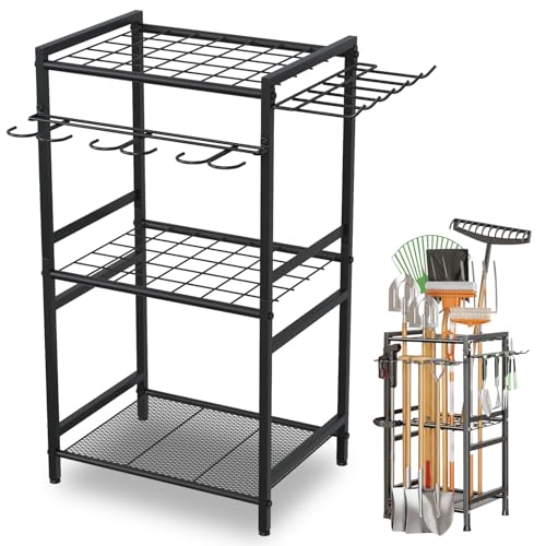 DAYONG Garden Tool Organizer, Metal Garden Tool Storage Rack with 70 Holes and Special T-Handle Hooks, Large Capacity Yard Tools Storage Stand for Shovels, Rakes and Brooms (40Lx32Dx79.5H CM)