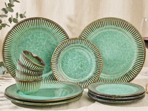 Image of Bodhi House Premium 12-Piece Stoneware Dinner Set Serving for 4 - Handcrafted Ceramic Plates, Bowls & Serving Bowls | Microwave & Dishwasher Safe | Elegant Modern Tableware Crockery Turquoise Green