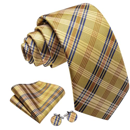 Image of Barry.Wang Plaid Ties Check Mens Necktie Set with Handkerchief Cufflinks Classic Stripe