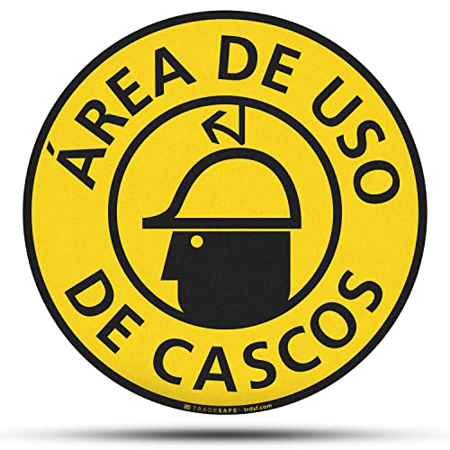 Tradesafe Spanish Hard Hat Area Anti-Slip Floor Sticker - Área De Uso De Cascos Caution Sign, Peel And Stick Adhesive Vinyl Sign, Ansi-Compliant, 17” Diameter Round Sticker #TOP15