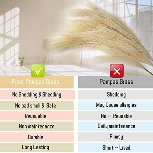 Faux Pampas Grass Large,43"/110cm 3 Stems Artificial Beige Pampas Grass Decor,Tall Fluffy Pampas Grass, Artificial Flowers Large Floor Vase Boho Decor for Home Wedding Arrangement Beige