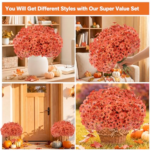 Image of Powbrace 60 Pack Artificial Fall Flowers Mums for Outdoor Indoor (Orange)