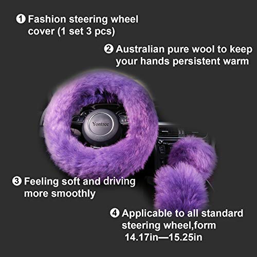 Yontree Fashion Fluffy Steering Wheel Covers for Women/Girls/Ladies Australia Pure Wool 15 Inch1 Set 3 Pcs (Purple)