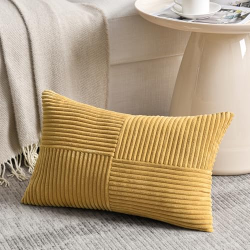 Image of Fancy Homi 2 Packs Mustard Yellow Lumbar Decorative Throw Pillow Covers 16x32 Inch for Living Room Couch Bed, Rustic Farmhouse Boho Home Decor, Soft Striped Corduroy Rectangle Accent Cushion Case