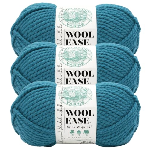 Image of Lion Brand Yarn, Wool-Ease Thick & Quick Yarn, Marine, Teal Blue, 3 Pack | Super Bulky Wool Acrylic Blend Fiber for Soft Hats, Sweaters, Chunky Blankets, Yarn for Crochet, Knitting, Crafts, Weaving