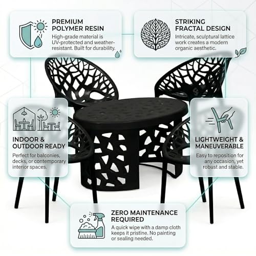 Image of Oaknest Neelakamal Crystal Plastic Chair and Table Set of 4+1 | Modern Cut-Out Design Indoor & Outdoor Furniture for Balcony, Garden, Patio, and Living Room | Iron Black