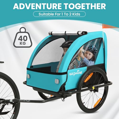 Image of Kids Bike Trailer, Suitable for 1 to 2 Children, Double Seat, Universal Coupler, Foldable, Canopy with Bug Screen and Weather Shield, with 5-Point Harness and Storage Bags