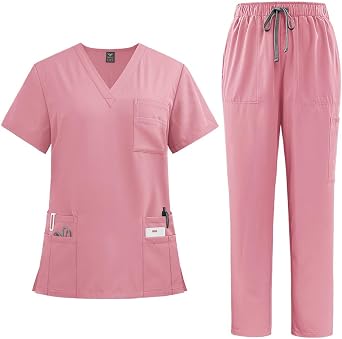 Aylashine Medical Scrub Set - Top and Bottom, Short Sleeves, Pants, Nursing, Care, Unisex, Lab Coat, Uniform, Workwear, Multiple Pockets