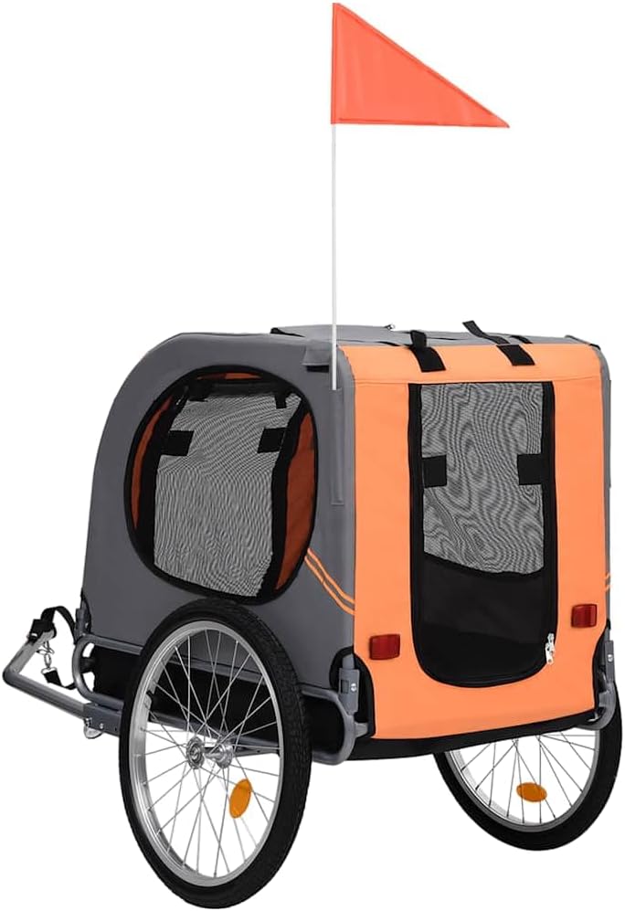 Foldable Pet Bike Trailer for Small Dogs, Heavy-Duty Oxford Fabric and Steel Frame, Easy Access Pet Bicycle Carrier for Outdoor Travel, Orange and Grey