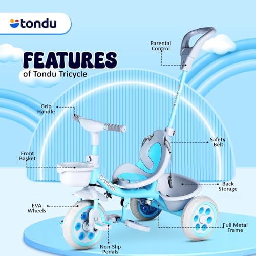 Image of TONDU Kiddo Tricycle for Kids /Baby with Storage Basket | Seat Belt with Parental Control Baby Tricycle (Blue)