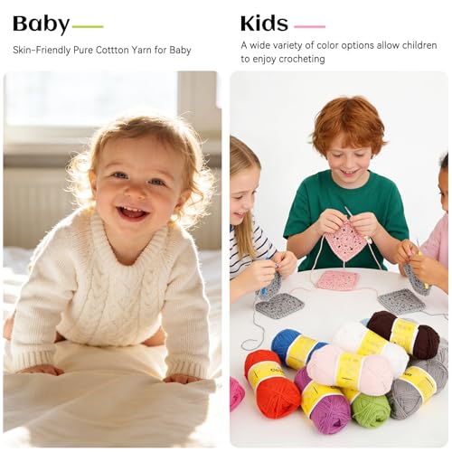 Image of Katech Mini 1OO% Cotton Yarn for Crocheting-20*25g /89yd, 2 Sport Baby Yarns | Super Soft-Multicolor Yarn Set for Knitting Baby Clothes, Rainbow Afghan, Small Projects-Starter Kit for Beginner & Crocheter