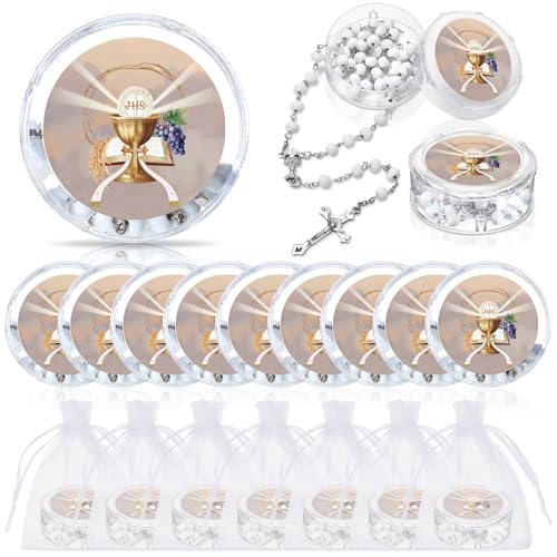 Tondiamo 12 Pcs First Holy Communion Rosaries Necklace Bead Scented Baptism Rosaries Divine Jesus for Guest Religious Event Baptism Party Favor Memorial Gift(First Communion White 12 Pcs)