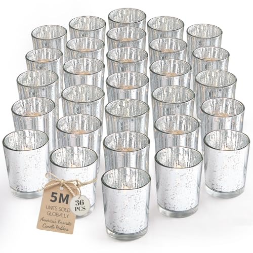 LETINE Silver Votive Candle Holders Set of 36 - Speckled Mercury Silver Glass Candle Holder Bulk - Ideal for Valentines Day Decorations IndoorSpring&Summer Wedding CenterpiecesHome Decor