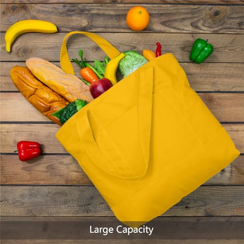 Image of TOPDesign 1-Pack Canvas Tote Bags with an External Pocket, Reusable Grocery Shopping Bags, Top Zipper Closure, Daily Essentials (Yellow)