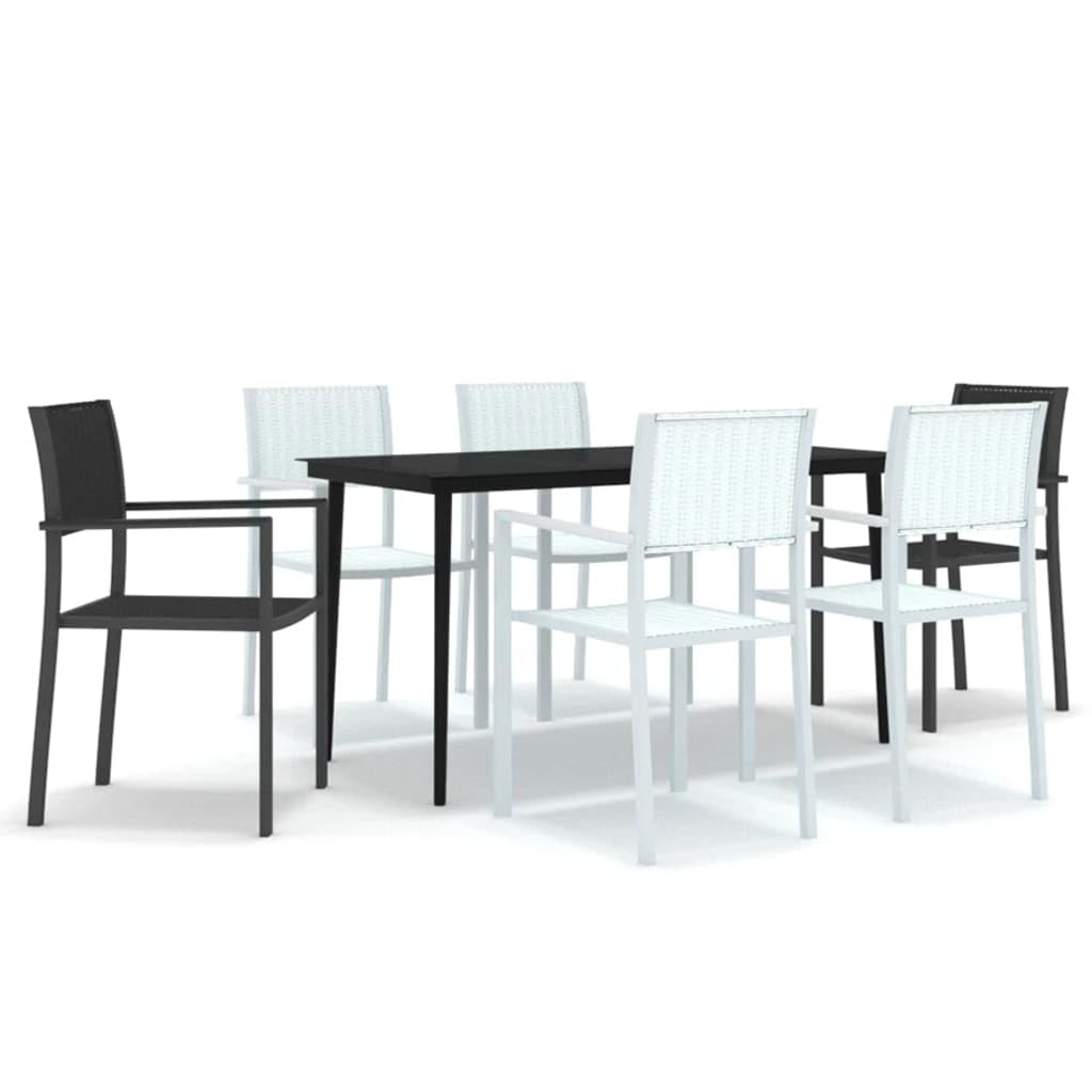 Juego de comedor de jardín de 7 piezas en blanco y negro con mesa de cristal y sillas de plástico con aspecto de ratán, marco de acero con recubrimiento en polvo, fácil de limpiar, para jardín
