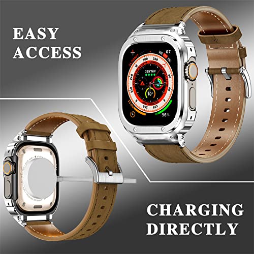 Suplink Metal Case with Leather Watch Strap Compatible Apple Watch Straps 49mm,Stainless Steel Rugged Protector Cover Bumper Genuine Leather Band for iWatch Ultra 2/1(Brown/Silver,49mm) - Image 2