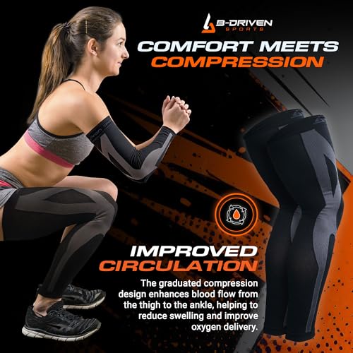 B-Driven Sports Full Leg Compression Sleeves, Graduated Compression 20-30mmHg, Thigh to Ankle, Medical Grade, Calf, Knee, Varicose Veins, Running, Sports, Men & Women - 1 Pair2