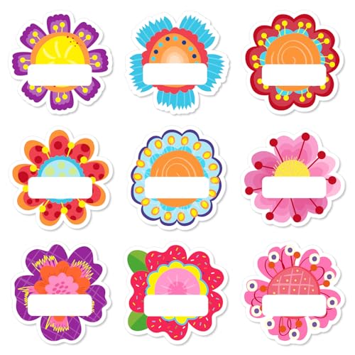 Image of Whaline 90 Pcs Back to School Floral Name Tag Stickers Colorful Funny Flower Shape Nameplates Self-Adhesive Label Decals for Students Desk Classroom, 9 Designs