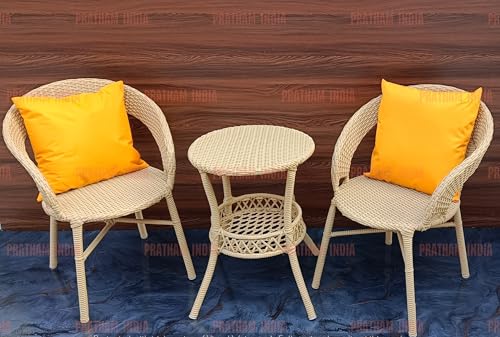 Image of PRATHAM India Outdoor 3 Pieces All Weather Wicker Patio Rattan Chair and Table Bistro Set with Powder Coated Iron Frame for Balcony, Garden, Poolside, Deck. (Honey +Yellow Pillow)