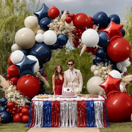 Image of Navy Blue Red Balloon Garland Double Stuffed Red White Blue Balloons Nude Cream Sand Latex Arch Kit for Graduation 4th of July Birthday Baby Shower Patriotic Baseball Party Decorations