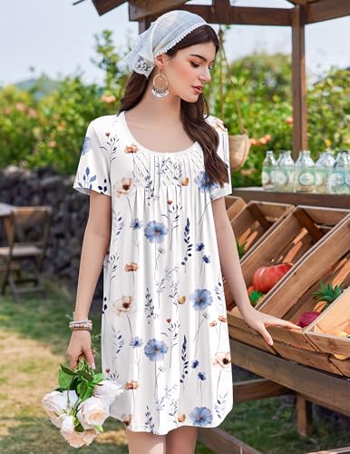 Image of Ekouaer Nightgowns for Women Pleated Sleep Shirts Short Sleeve Night Shirts Lace Trim Night Gown Ladies Sleep Dress