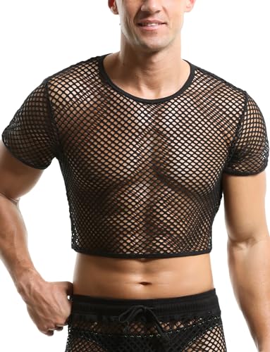 Haut court en résille pour homme débardeur sexy en maille transparente vêtement de nuit noir