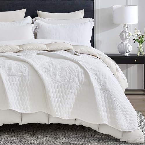 Image of Bedspread oversized Queen 102x118,Beautiful Leaf Stitching,5 PC, White