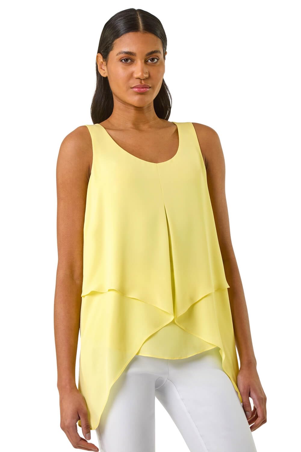 Roman Women's Light Yellow Asymmetric Sleeveless Vest Top Size 10