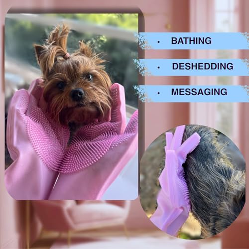 Image of Grooming Gloves for Cats & Dogs - Pet Hair Removal Glove, Silicone Brush for Dog or Cat Washing, Puppy Bath Supplies for Shedding Cleaning Bathing & Massage, Fur Remover Mitt, Shower Shampoo Scrub