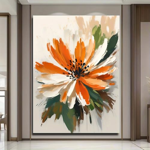 Fleurs orange et blanches tableau abstrait moderne pour salon chaleureux