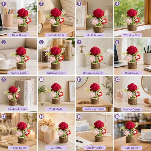 Image of Handmade Crochet Flower with Real Wood Base, 12 cm Pink Red & Green Artificial Knitted Rose Bouquet for Home Office Table Shelf Desk Decor, Bedroom Living Room Gift Decoration