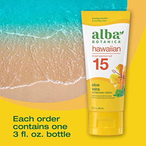 Alba Botanica Sunscreen For Face And Body, Hawaiian Aloe Vera Sunscreen Lotion, Broad Spectrum Spf 15 Sunscreen, Water Resistant And Biodegradable, 3 Fl. Oz. Bottle #TOP3