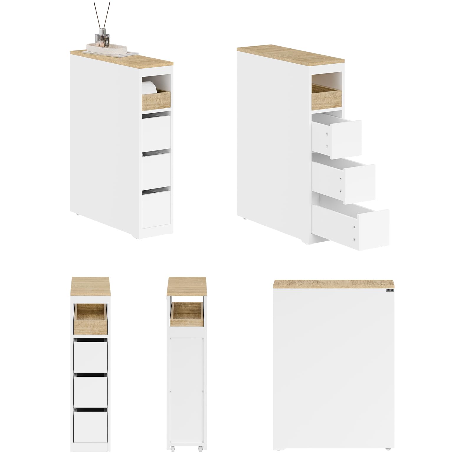 SoBuy Mueble Estrecho con Ruedas de 20cm, Muebles Auxiliares de Baño con 3 Cajones, Organizador Baño Armario para WC y Cocina, 60x20x82,3cm Blanco | Armario de baño estrecho de madera compacto para inodoro pequeño y cocina, color blanco, BZR54-K-W