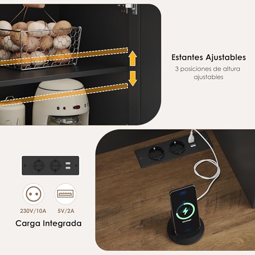 Miniatura 5 de Hocsok Alacena De Cocina 105x180 Cm Bxh Armario Negro Con Enchufes, Estantes Ajustables, Mueble De Cocina Con Soporte Para Microondas, Para Comedor Y Sala De Estar