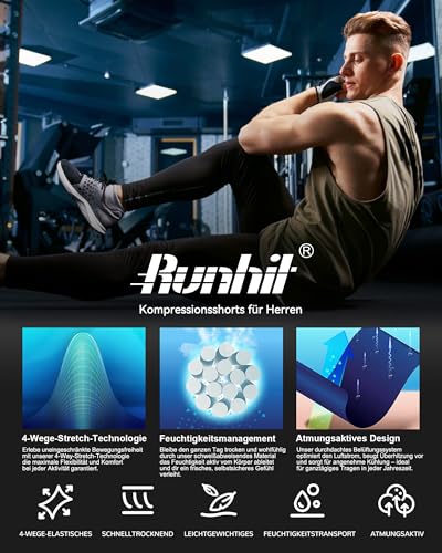 Runhit Kompressionshose Herren Lange Tights Sportleggings Schnelltrocknende Sporthose Laufhose Männer Atmungsaktiv Unterhosen Funktionsunterhose für Fitness Joggen Training Gym Schwarz M
